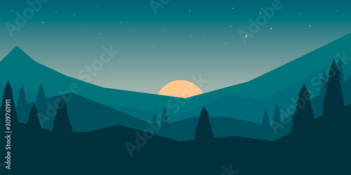 Poster template with wild mountains landscape. Design element for banner, flyer, card. Vector illustration