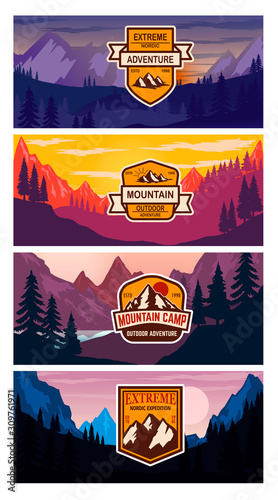 Set of banner templates with mountains. Design elements for poster, card, flyer, emblem. Vector illustration