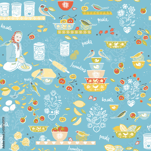 Retro cozy kitchen utensil pattern. Seamless vector background. Colorful vintage kitchen utensil folk art style on blue backgroud. Fabric, wallpaper, packaging, print. Hipster vintage kitchen pattern.