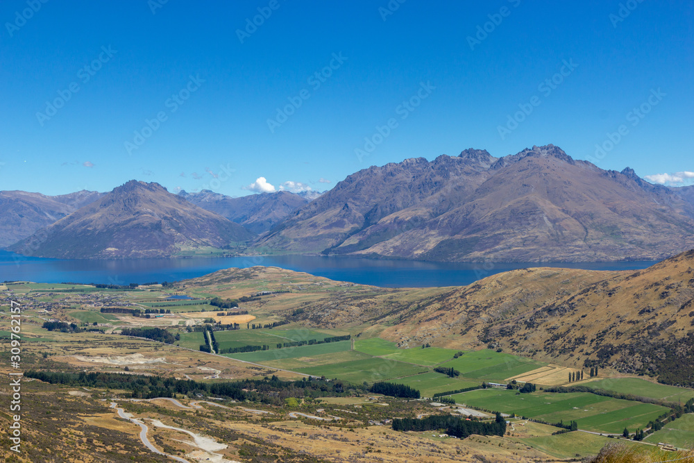 view of Wakatipu lake and Queenstown valley from Remarkables