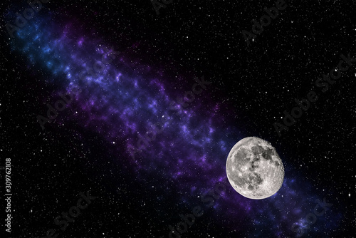 abnehmender Mond erstes Viertel mit Sternenhimmel und Sternnebel
