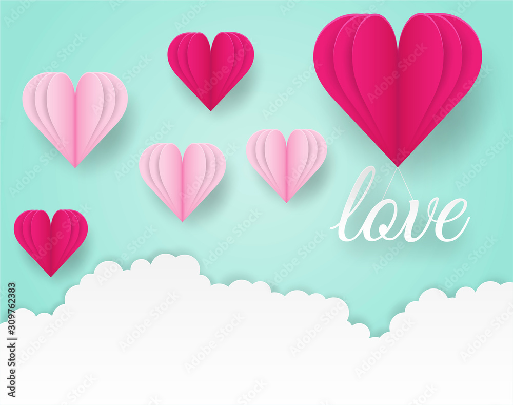 Happy Valentines .design with love text and hearts flying on green pastel  background. paper art style . vector.