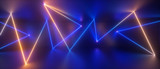 3d abstract blue yellow neon geometric background, chaotic lines, trajectory path glowing in ultraviolet light, laser rays