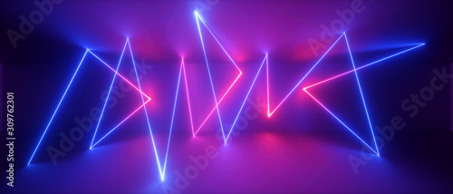 3d abstract neon geometric background, chaotic lines, trajectory path glowing in ultraviolet light, violet blue red laser rays