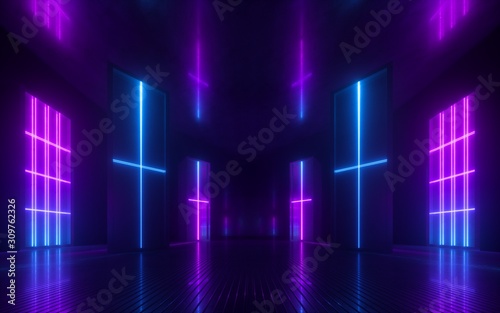 3d abstract neon background, violet blue glowing lines, cross symbol, vertical panels, performance stage decorations, modern technology concept © wacomka