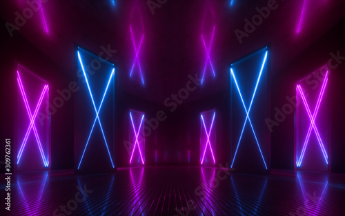 Fototapeta Naklejka Na Ścianę i Meble -  3d render, abstract neon background, blue pink purple glowing lines, X letter, cross symbol, vertical panels, performance stage decoration, virtual technology concept