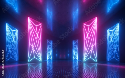 Fototapeta Naklejka Na Ścianę i Meble -  3d render, abstract futuristic neon background, glowing vertical panels, ultraviolet light, reflections, performance stage decorations