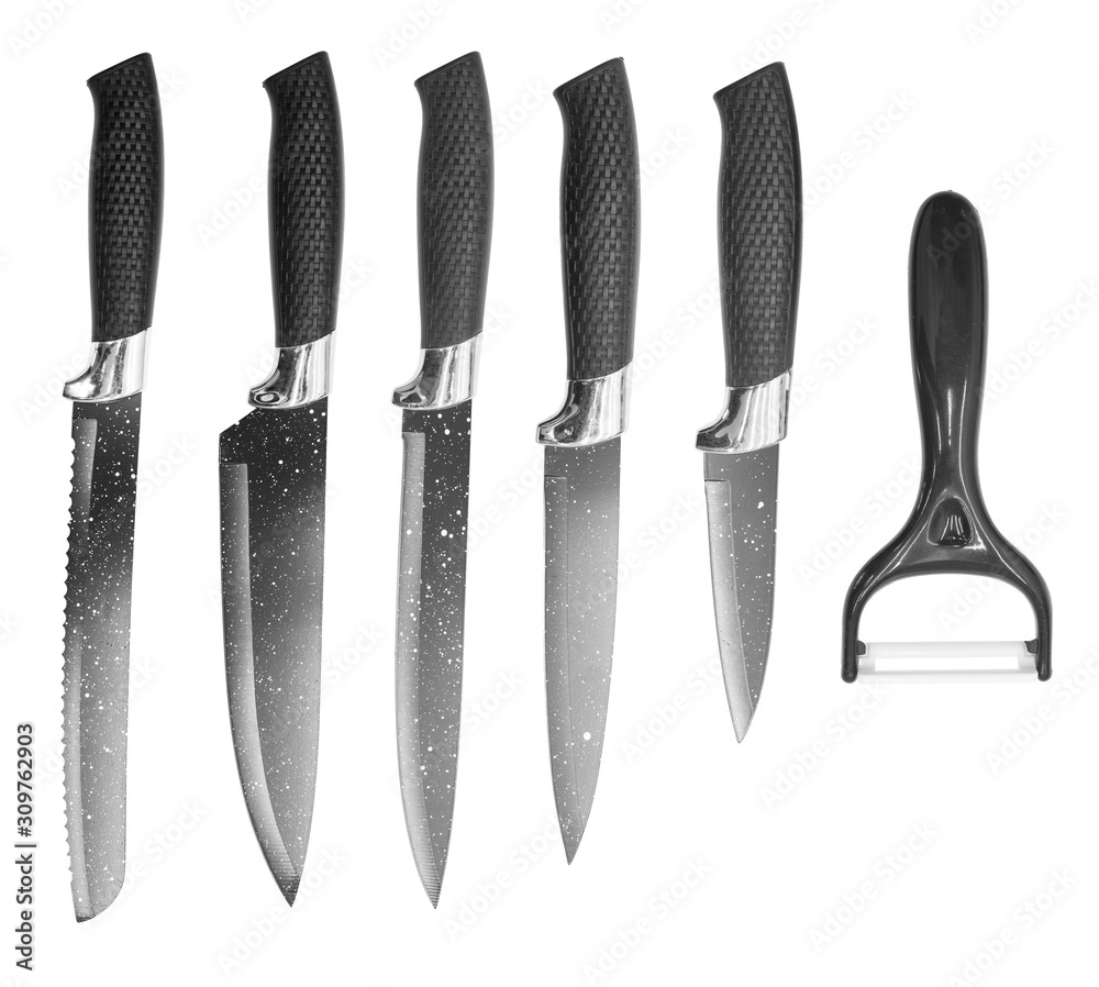 Set of professional black knives and knife isolated on white background. The composition of the chef's knife, bread knife, universal knife, vegetable peeling knife and ceramic knife. Set of professional black knives and knife isolated on white background. The composition of the chef's knife, bread knife, universal knife, vegetable peeling knife and ceramic knife.
