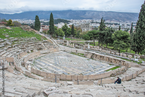 Theatre of Dionysus in Athens Greece. Historical archeological attractions landscape view photo