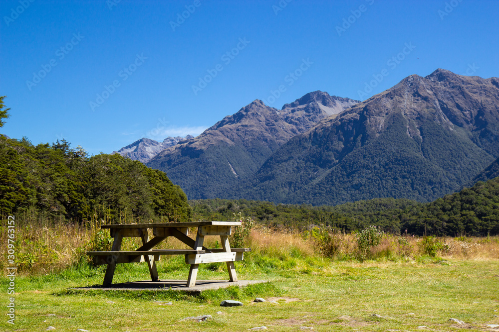 picnic table in Fiordland National Park, Triangle Peak