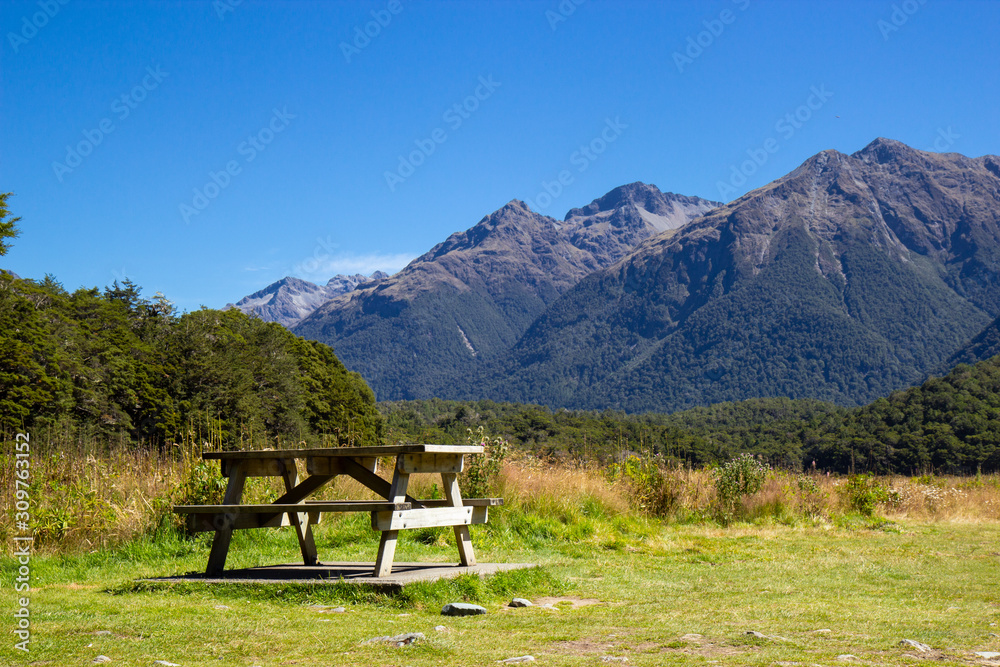 picnic table in Fiordland National Park, Triangle Peak picnic table in Fiordland National Park, Triangle Peak