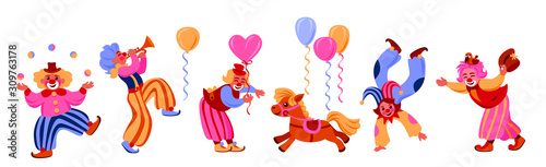 group of clowns performs at a children's party, juggle, laugh, play the trumpet, show tricks, walk on their hands