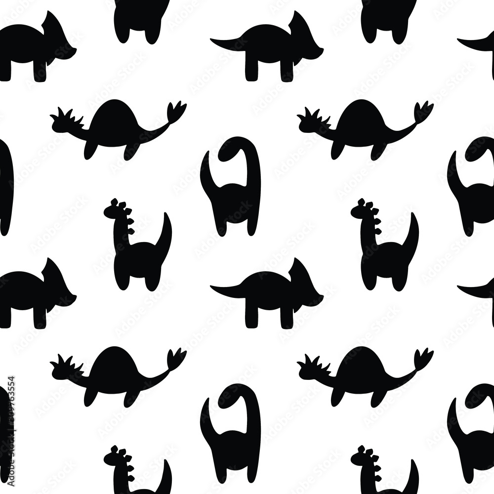 Black silhouettes of dinosaur on white background. For textile