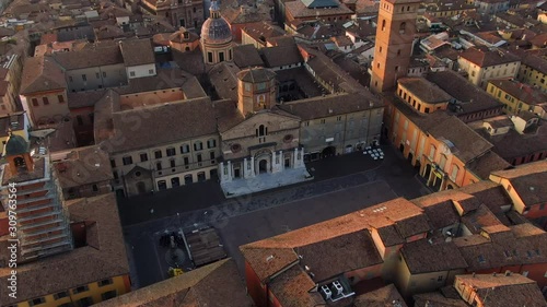 reggio emilia aerial shot drone flying orbit over city centre prampolini square