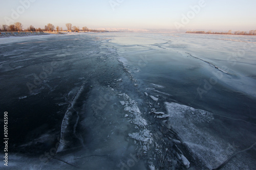 panoramic view of the icy river