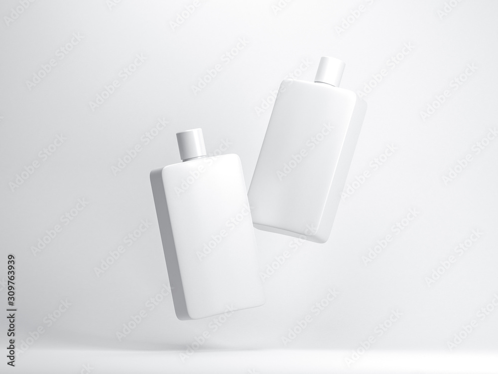 Two white Plastic or glass Bottle Mockup isolated flying on white background Two white Plastic or glass Bottle Mockup isolated flying on white background