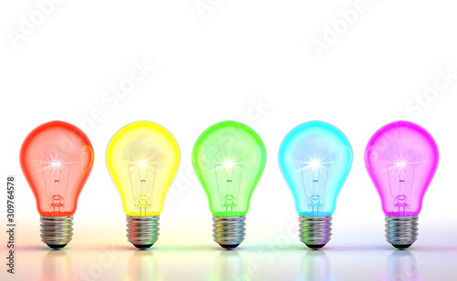 Row of shining rainbow colored light bulbs on a reflective white background