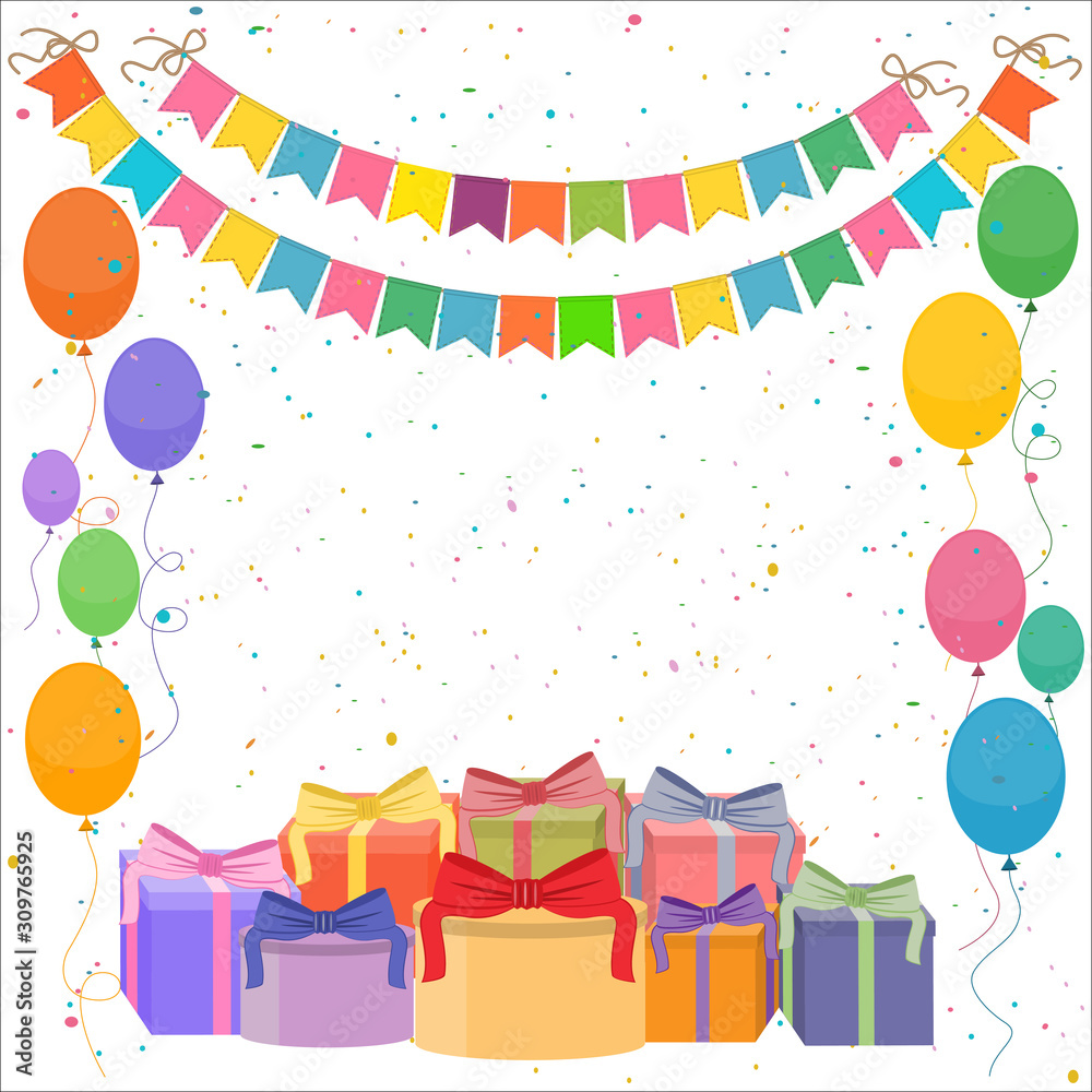 Festive bright background with garlands of flags, confetti, gift boxes and balloons.