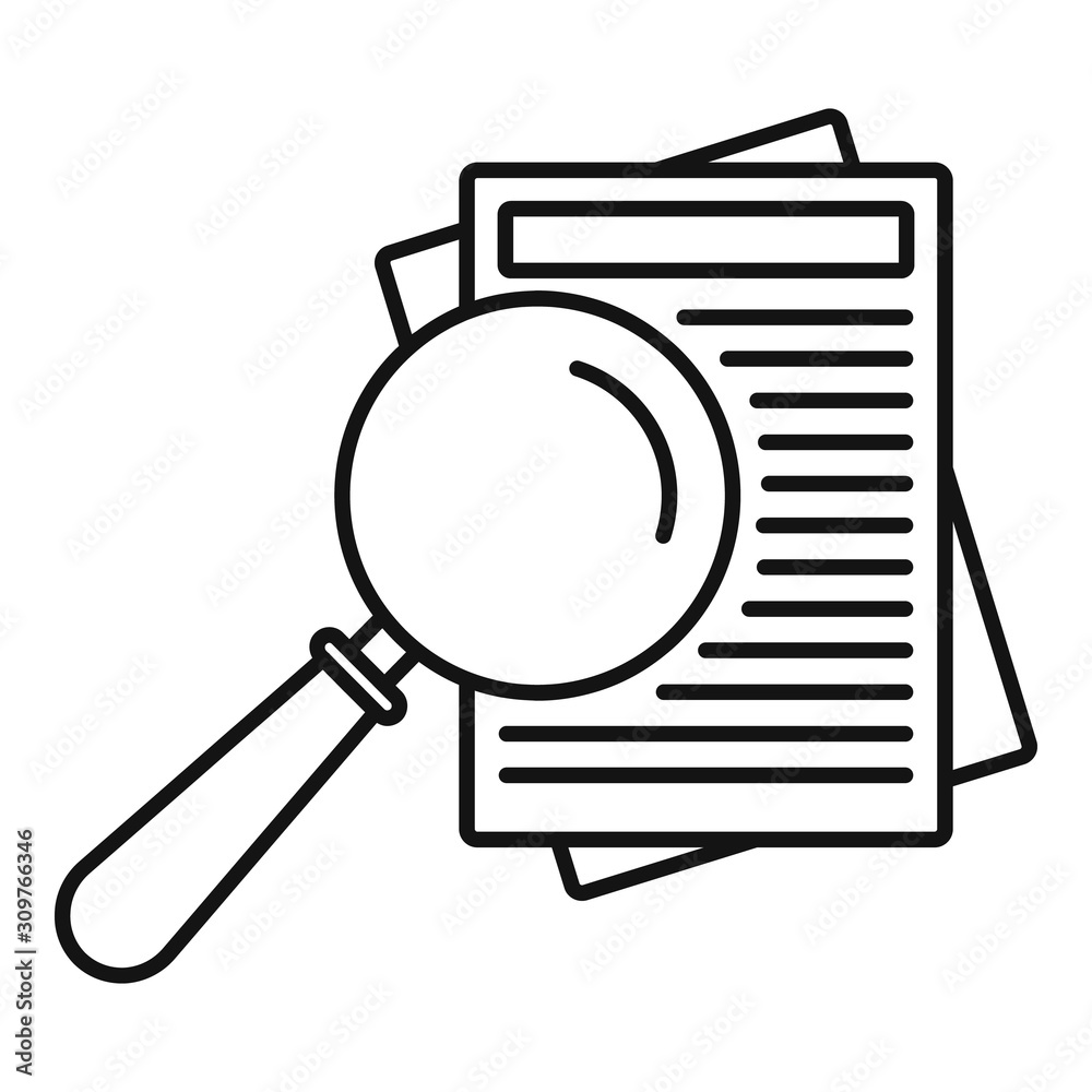 Paper under magnifier icon. Outline paper under magnifier vector icon for web design isolated on white background