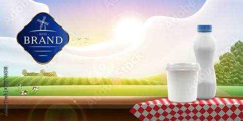 Organic Yogurt blank packaging mock-up standing on a red napkin ad design with logo on shiny farm background, vector banner illustration for milk or yogurt product branding or advertising design