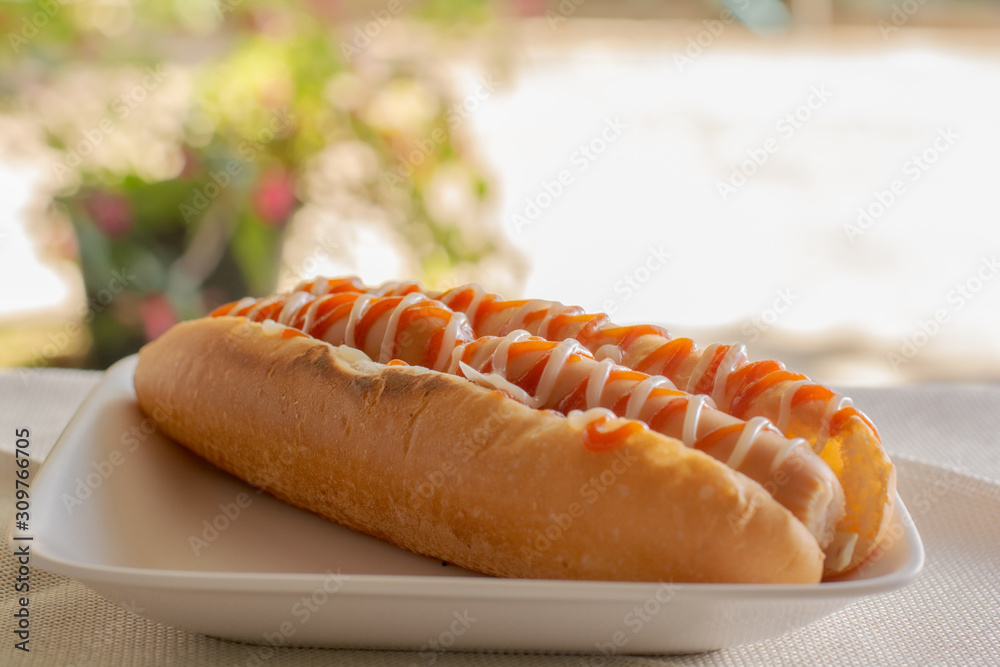 Hot dog with bun and ketchup, mayonnaise on white plate. Sausage sandwich for lunch. Fast food concept. Hot dog with bun and ketchup, mayonnaise on white plate. Sausage sandwich for lunch. Fast food concept.