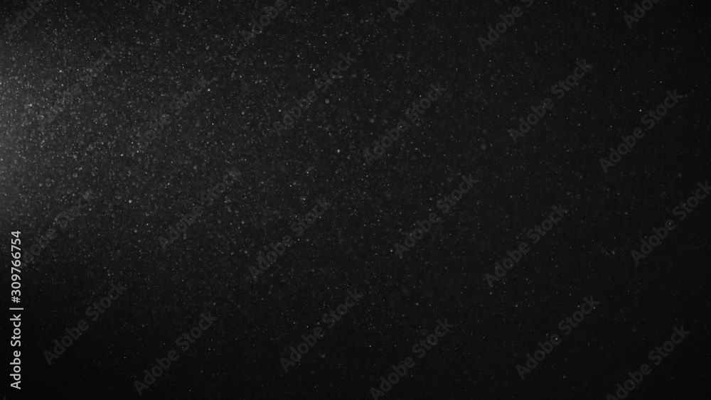 Natural Organic Dust Particles Floating On Black Background. Glittering Sparkling Particles Randomly Spin In The Air With Bokeh. Dynamic Particles With Fast And Slow Motion. Shimmering Dust In Space.