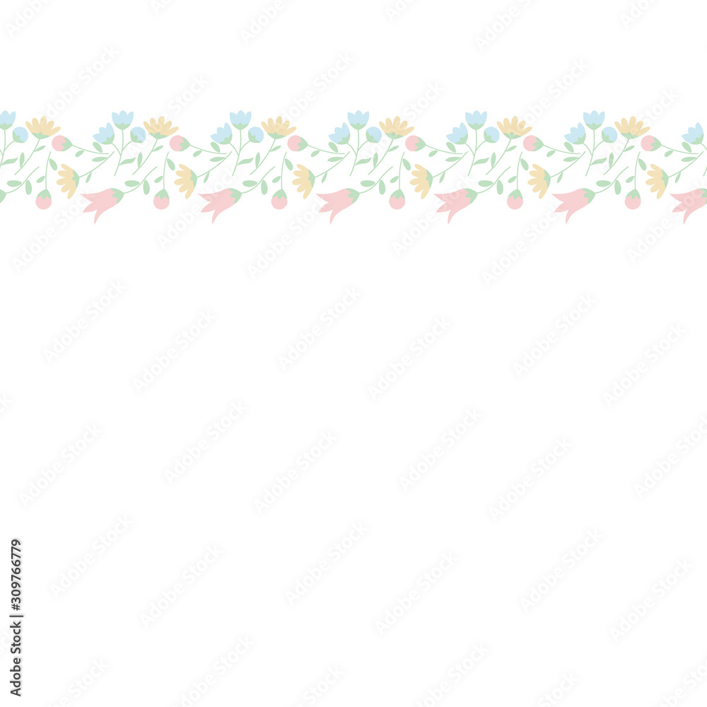 Decorative floral ornament for frame. Ribbon seamless pattern with multicolored flowers. Vector Illustration EPS10