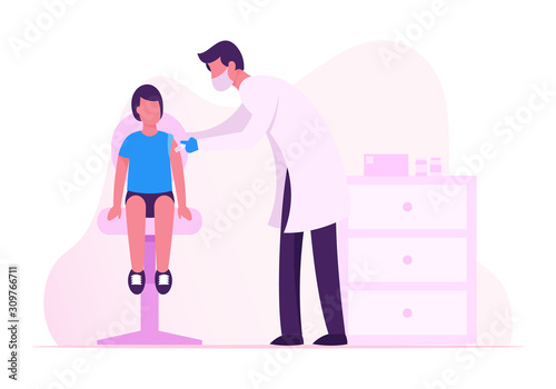 Child Vaccination, Immunization Procedure. Doctor Put Injection to Kid. Boy Sitting on Chair, Medic Shoot Medicine in Shoulder. Little Patient Get Vaccine in Hospital. Cartoon Flat Vector Illustration