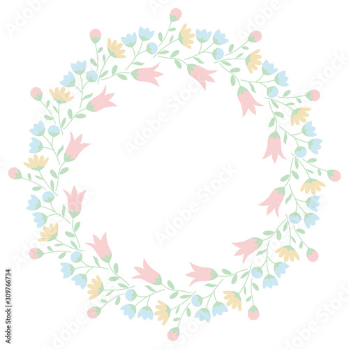 Decorative round floral frame. Wreath of multicolored flowers. Vector EPS10
