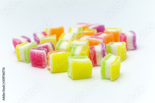 Colorful Gelatin jellies candy on white background.