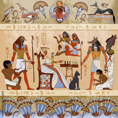 Murals ancient Egypt scene. Gods and pharaohs. Hieroglyphic carvings on the exterior walls