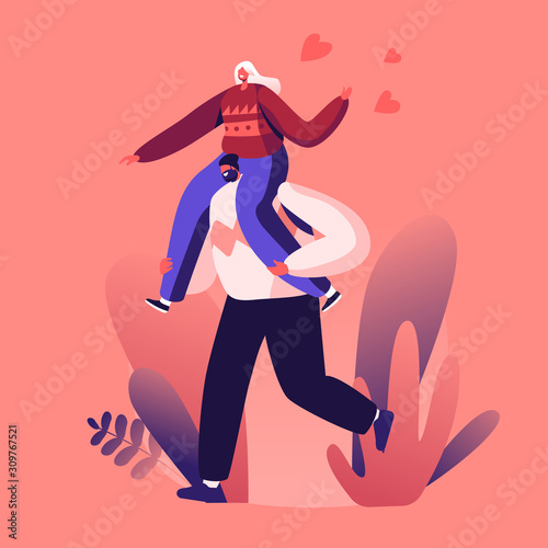 Happy Loving Couple Spare time, Cheerful Man Riding Woman on his Neck Happily Running