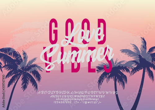 Love Summer. Hand made script font. Vacation summer time. Waikiki beach. Vector illustration. Retro typeface and logo. Summer style.