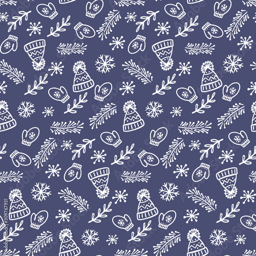 Winter cap hand drawn seamless vector pattern. Christmas sketch texture. Winter holiday nice illustration. New Year textile, wrapping paper, background design