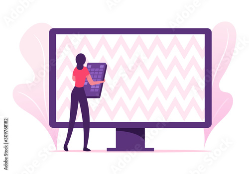 Woman with Remote Control Trying to Set Up Tv Programs. Digital Cable Service, Satellite and Global Wireless Connection, Dvd Center Player, Female User and Technics. Cartoon Flat Vector Illustration