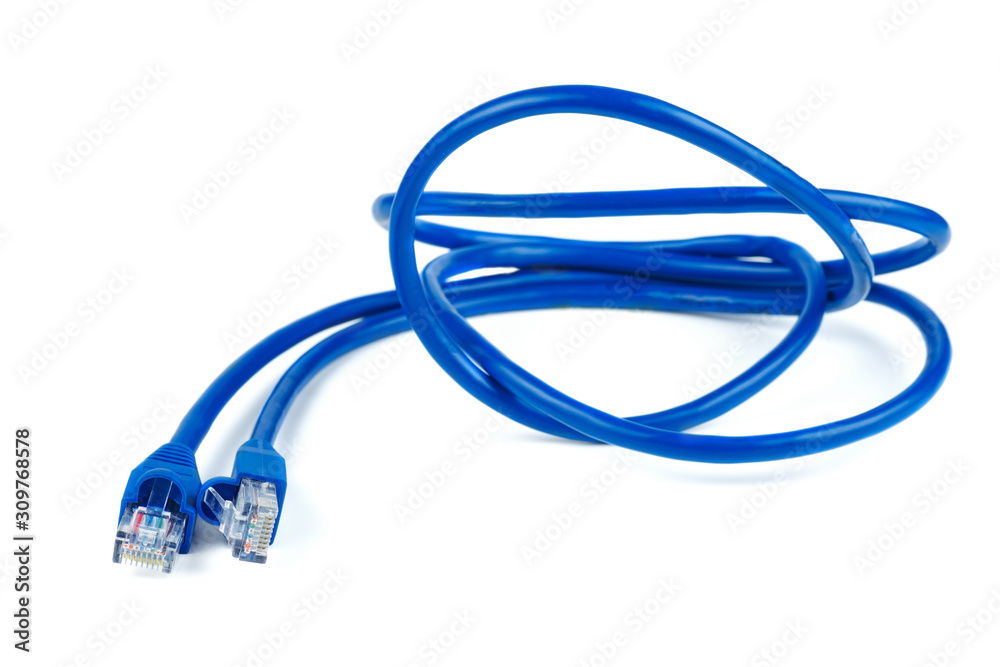Blue ethernet (copper, RJ45) patchcord isolated on white background Blue ethernet (copper, RJ45) patchcord isolated on white background