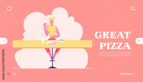 Young Woman Visiting Fastfood Restaurant or Cafe Website Landing Page. Female Character Sitting at Table Eating Pizza and Drinking Soda Beverage Web Page Banner. Cartoon Flat Vector Illustration