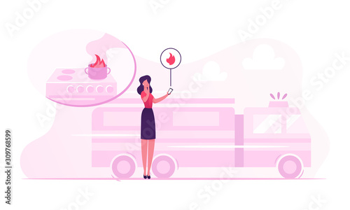 Woman Getting Notification from Smart Control System at Electronic Device Smartphone about Fire Accident Happen at Home in Owner Absence, Call to Emergency Service Cartoon Flat Vector Illustration
