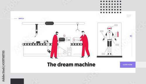 Cyborg Creating Process in Laboratory Website Landing Page. Engineers Set Up Parts of Robot on Conveyor Belt Develop Artificial Intelligence Web Page Banner. Cartoon Flat Vector Illustration, Line Art