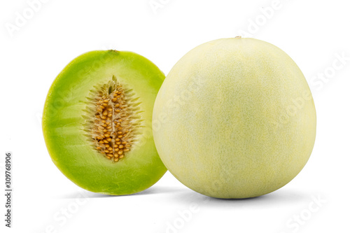 Fresh honey dew or melon slice fruit isolated on white background with clipping path photo