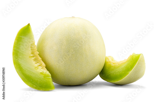 Fresh honey dew or melon slice fruit isolated on white background with clipping path