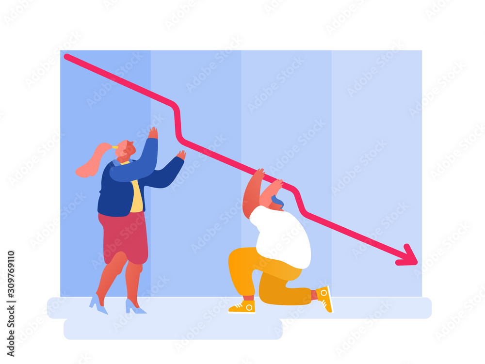 Financial Economy Crisis Concept. Stressed Male and Female Managers or Traders Watching at Declining Arrow Diagram on Screen Trying to Rise it Up. Stock Market Crash Cartoon Flat Vector Illustration