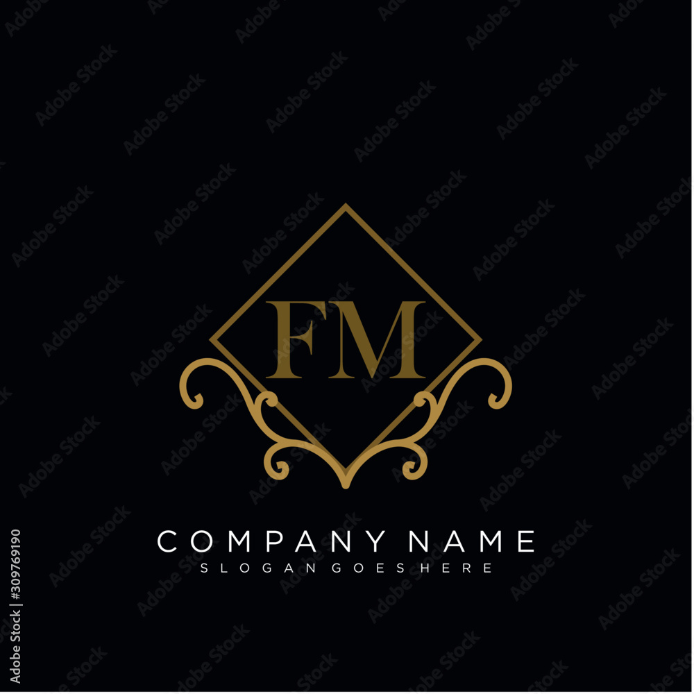 Initial letter FM logo luxury vector mark, gold color elegant classical