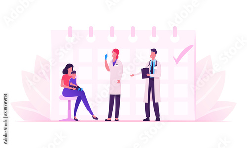 Young Mother Bring Little Baby to Hospital for Vaccination and Immunization Procedure. Friendly Doctor Prepare Vaccine in Syringe for Shooting. Immunity Health Care Cartoon Flat Vector Illustration