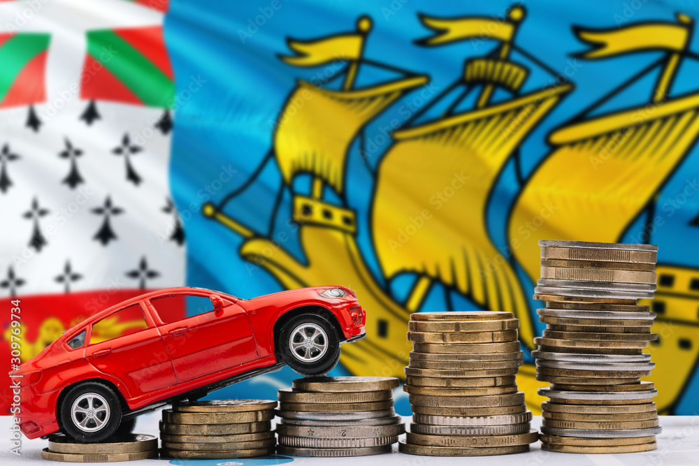 Saint Pierre And Miquelon savings concept. Money for new automobile, toy car and coin piles standing on national flag background. Copy space for text.