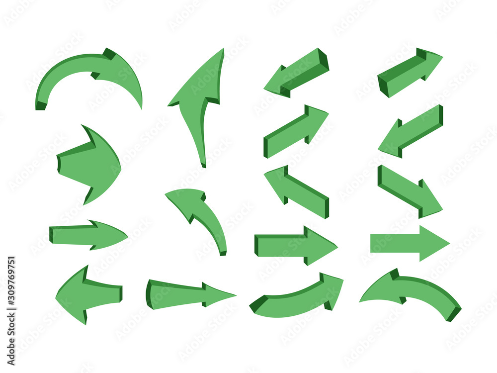 Arrows green directions 3D, cartoon, isometry. Vector design element, icons. The object on an isolated background. Arrows green directions 3D, cartoon, isometry. Vector design element, icons. The object on an isolated background.