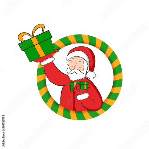 Illustration Santa clause holding a gift box comming up from yellow green circle