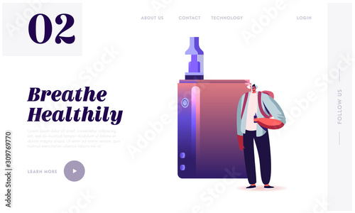 Nicotine and Tobacco Addiction, E-Cigarette Vaping Website Landing Page. Young Hipster Man in Casual Dressing Stand at Huge Vaporizer Smoking Vape Web Page Banner. Cartoon Flat Vector Illustration