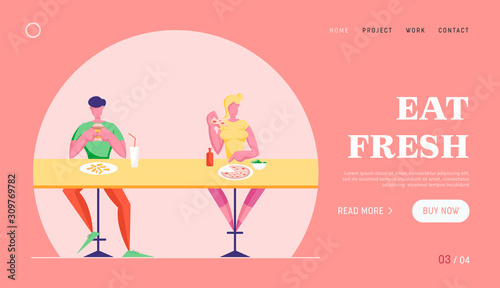 Characters Visiting Junk Food Cafe Website Landing Page. Visitors Man and Woman Sitting at Desk Eating Fastfood in Restaurant. Leisure Rest Sparetime Web Page Banner. Cartoon Flat Vector Illustration