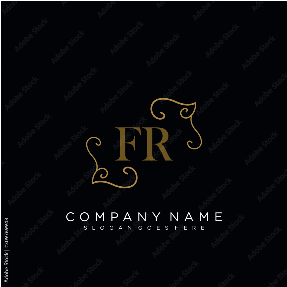 Initial letter FR logo luxury vector mark, gold color elegant classical